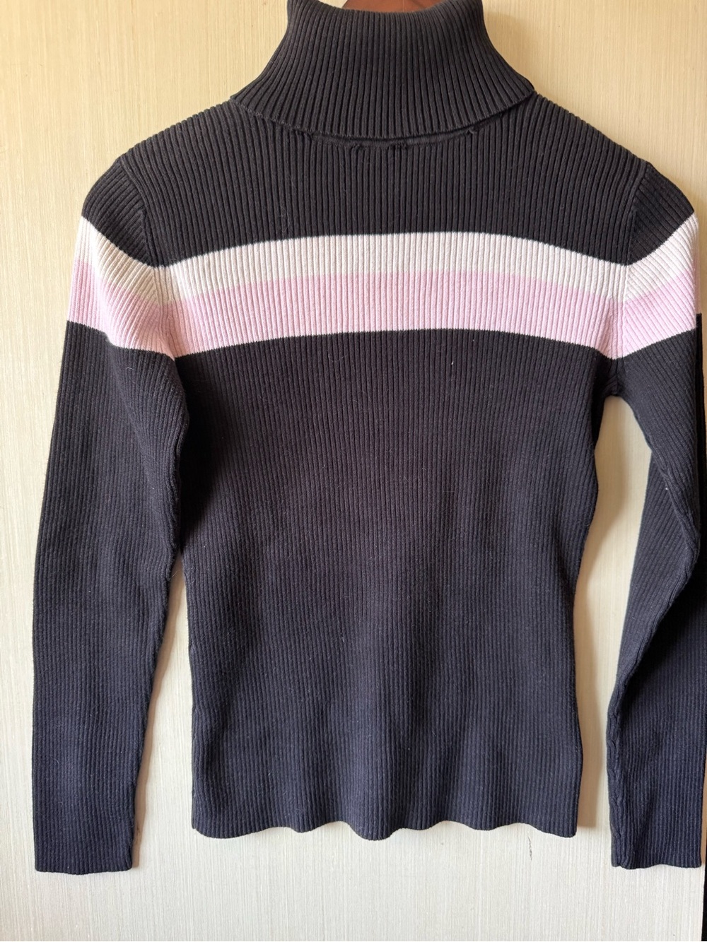 Style & Co. Black Ribbed Turtleneck Sweater with Pink & White Stripe